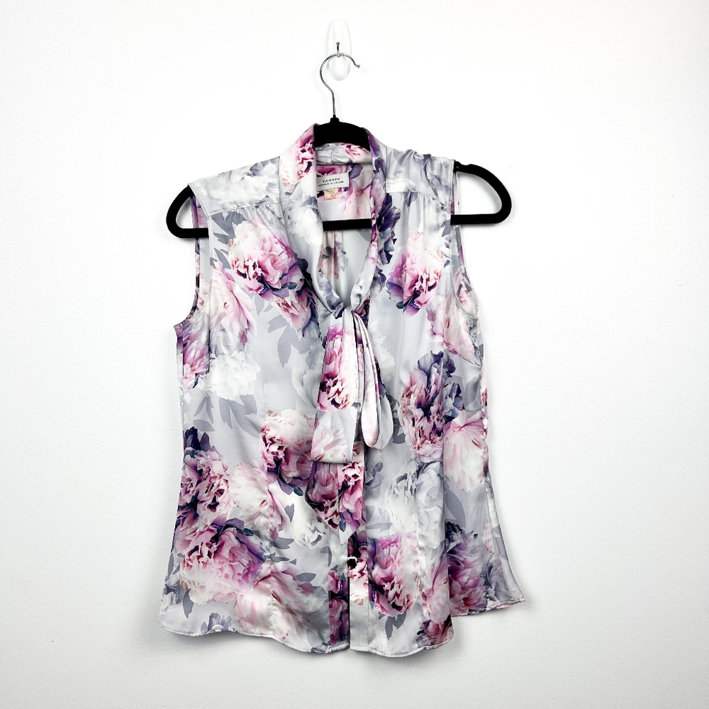 Tahari Arthur S Levine White & Pink Floral Button-Up Sleeveless Blouse
